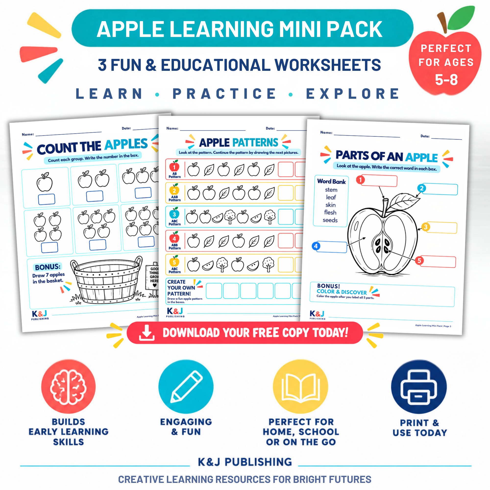 Apple Learning Mini Pack with three printable worksheets for ages 5 to 8
