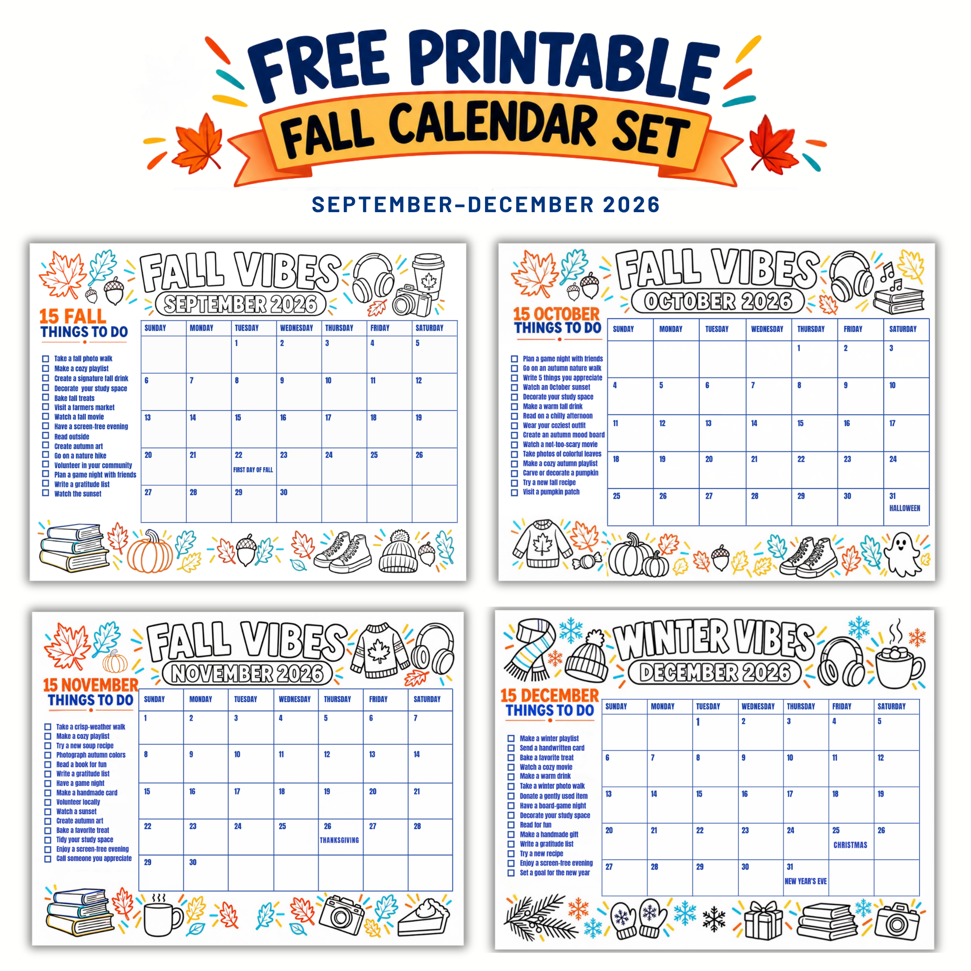 Preview of the September, October, November, and December 2026 Fall Vibes printable calendars